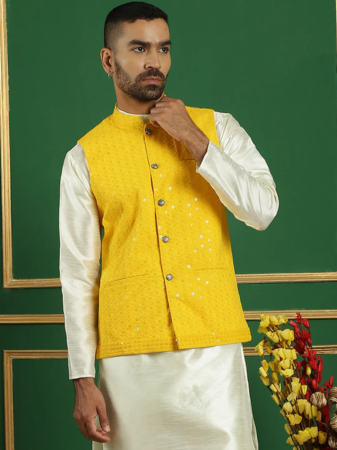 Men'S Yellow Sequins And Embroidered Nehru Jacket