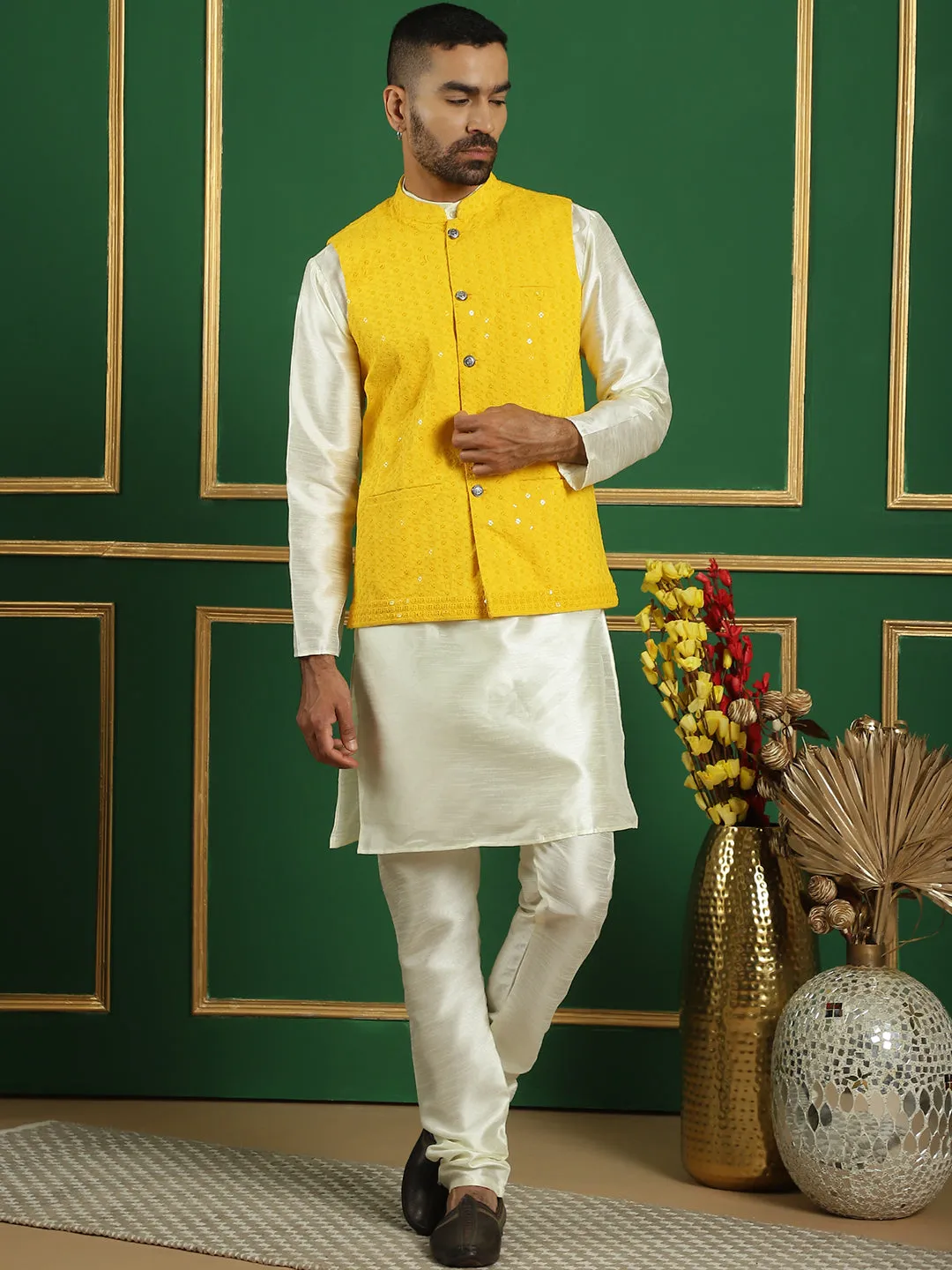 Men'S Yellow Sequins And Embroidered Nehru Jacket