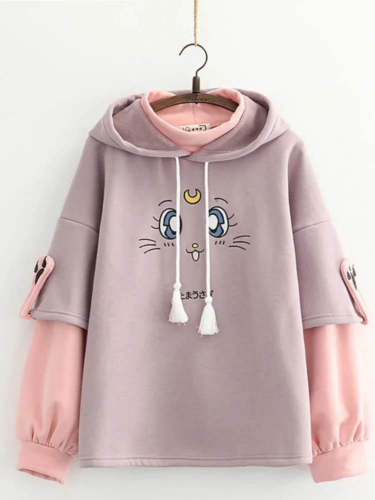 Metaversmall Cartoon Cat Embroidery Fleece Hooded Sweatshirts Winter Women Harakuju Cute Hoodies Long Sleeve Kawaii Pullover Tracksuits