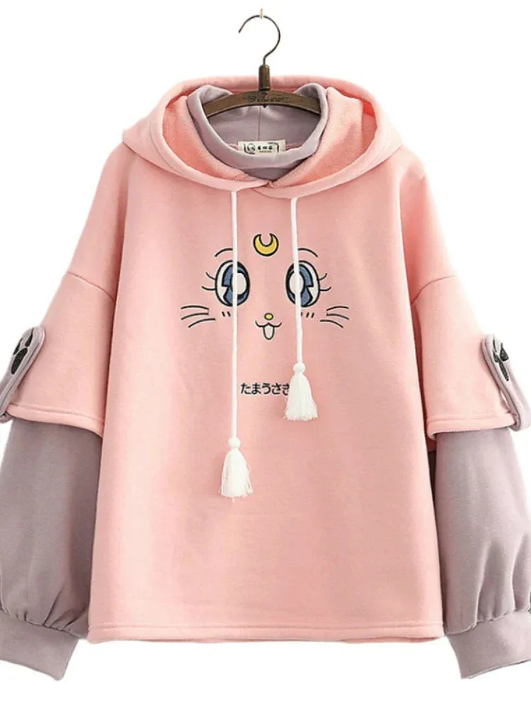 Metaversmall Cartoon Cat Embroidery Fleece Hooded Sweatshirts Winter Women Harakuju Cute Hoodies Long Sleeve Kawaii Pullover Tracksuits