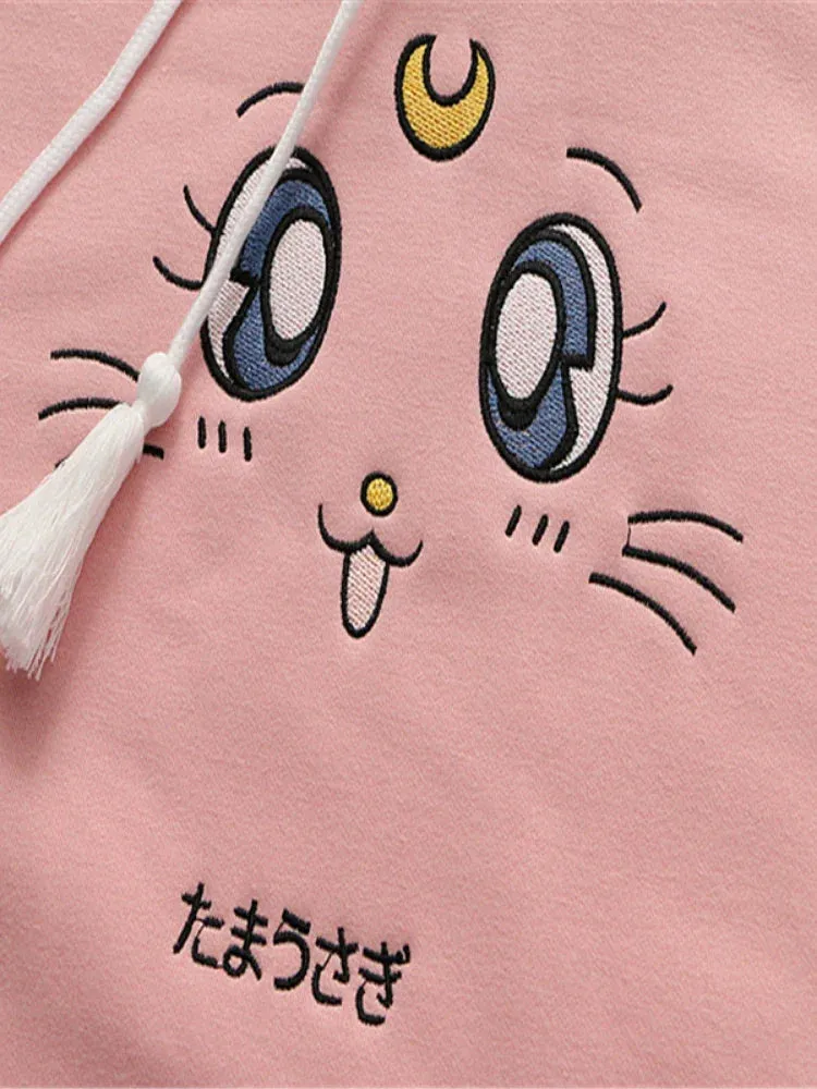 Metaversmall Cartoon Cat Embroidery Fleece Hooded Sweatshirts Winter Women Harakuju Cute Hoodies Long Sleeve Kawaii Pullover Tracksuits