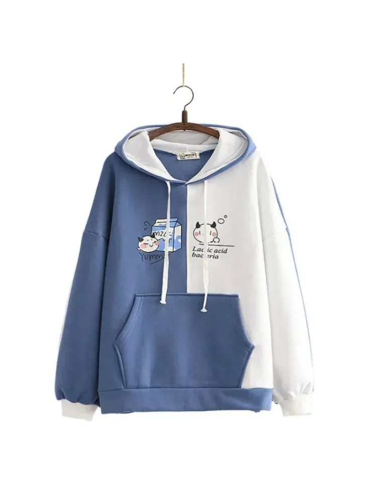 Metaversmall fleece plus velvet women hoodies and sweatshirt cartoon cat print patchwork cute hooded pullover for sweet style  Tracksuits