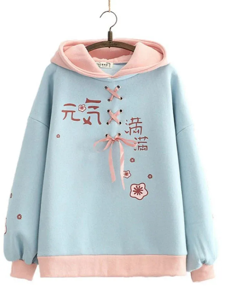 Metaversmall Fleece Thick Women Hooded Sweatshirt Winter Casual Loose Long Sleeve Letter Print Hoodies Female Plus Velvet Pullover