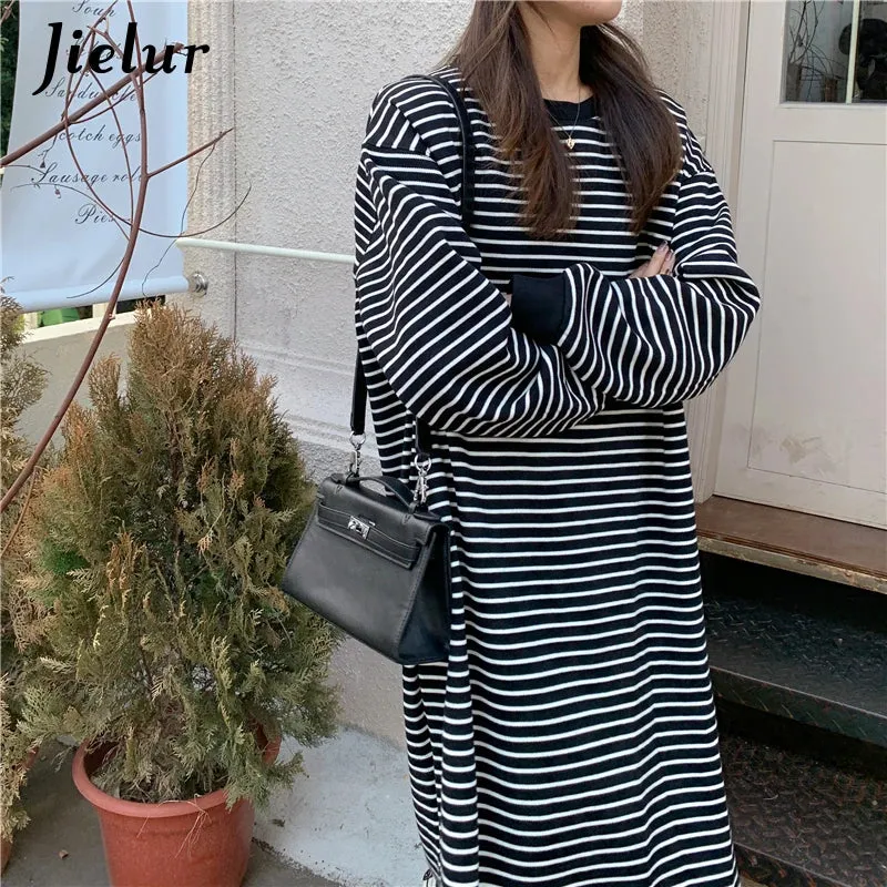 Metaversmall Fleece White Black Striped Hoodies Female Fashion Loose O-neck Maxi Sweatshirt High Street Pullover Women Long Hoodie