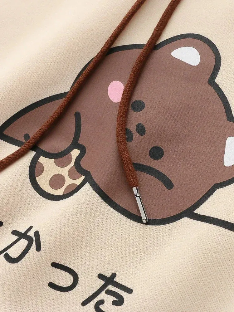 Metaversmall Fleece Women Kawaii Hoodies Winter Harajuku Cartoon Bear Print Cute Warm Hooded Sweatshirts Casual Drawstring Pullover