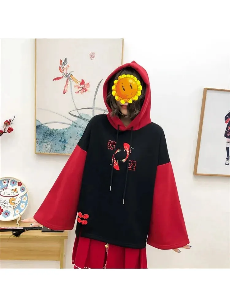 Metaversmall Fleece Women's Hooded Sweatshirt Cartoon Embroidery Hoodies Flare Sleeve Pullover Tracksuits Winter Clothes For Sweet Girl