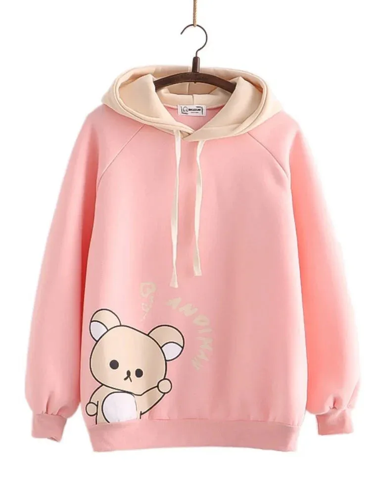 Metaversmall Harajuku Cartoon Bear Print Kawaii Hoodies Women Winter Long Sleeve Drawstring Fleece Hooded Sweatshirt Female Pullover Top