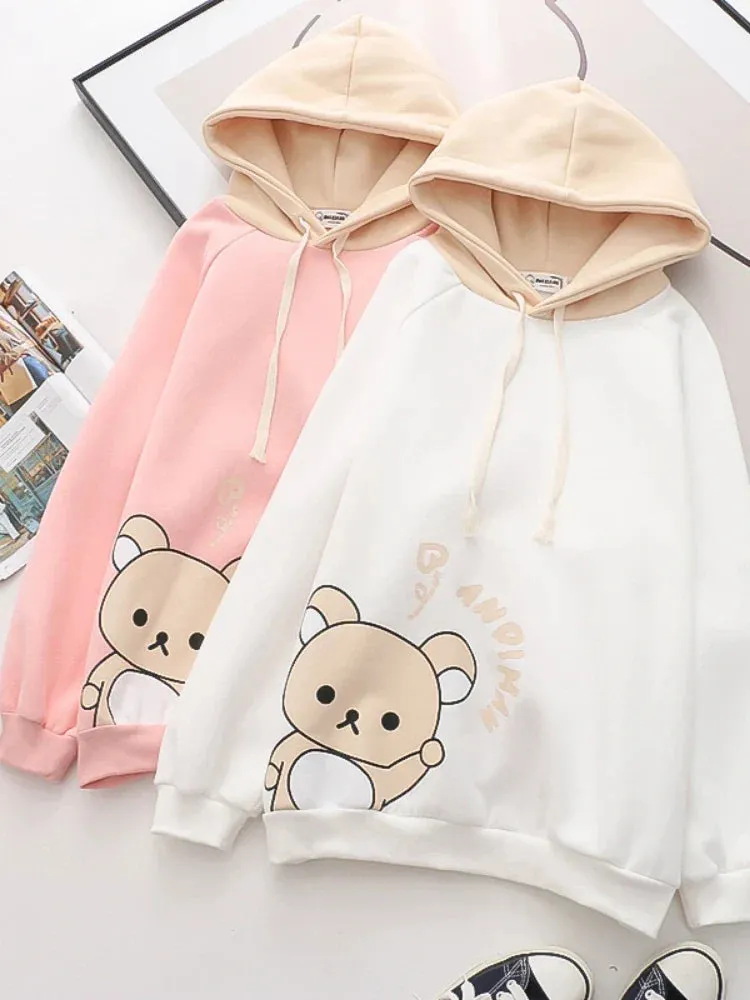 Metaversmall Harajuku Cartoon Bear Print Kawaii Hoodies Women Winter Long Sleeve Drawstring Fleece Hooded Sweatshirt Female Pullover Top