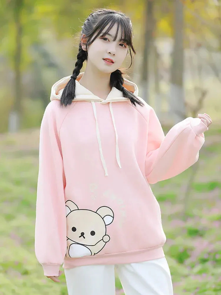 Metaversmall Harajuku Cartoon Bear Print Kawaii Hoodies Women Winter Long Sleeve Drawstring Fleece Hooded Sweatshirt Female Pullover Top