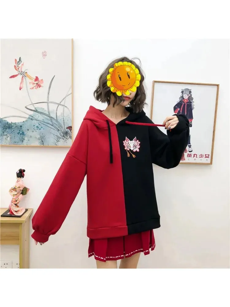 Metaversmall Harajuku Contrast Cartoon Embroidery Casual Fleece Pullover Hoodies Sweatshirt Women Winter Long Sleeve Korean Female Top