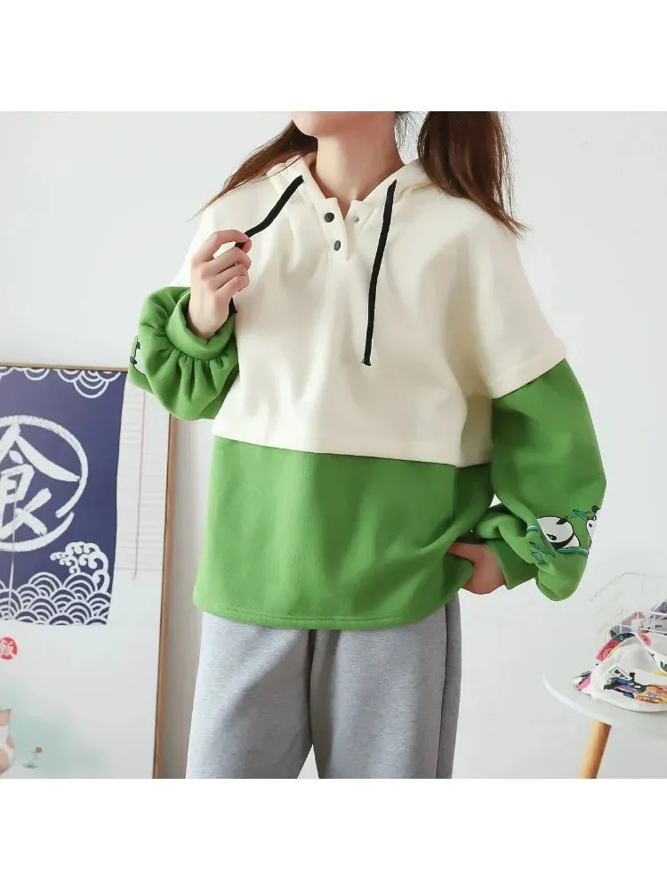 Metaversmall Kawaii Panda Embroidery Fleece Women Hoodies Patchwork Drawstring Hooded Sweatshirt Winter Female Pullover Cute Tops