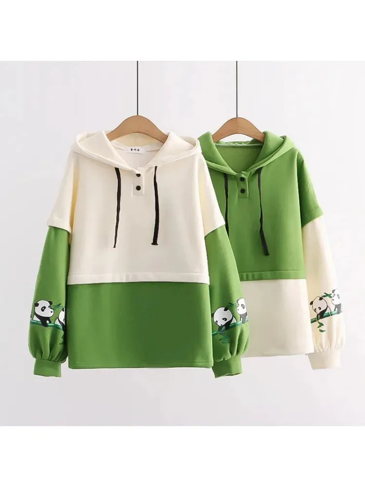 Metaversmall Kawaii Panda Embroidery Fleece Women Hoodies Patchwork Drawstring Hooded Sweatshirt Winter Female Pullover Cute Tops