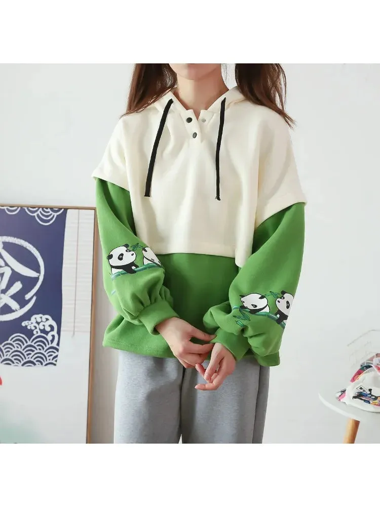 Metaversmall Kawaii Panda Embroidery Fleece Women Hoodies Patchwork Drawstring Hooded Sweatshirt Winter Female Pullover Cute Tops