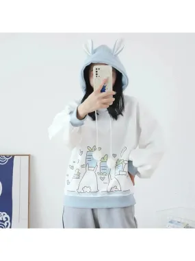 Metaversmall Kawaii Women Hoodies Winter Long Sleeve Drawstring Fleece Hooded Sweatshirt Female Harajuku Rabbit Print Pullover Top