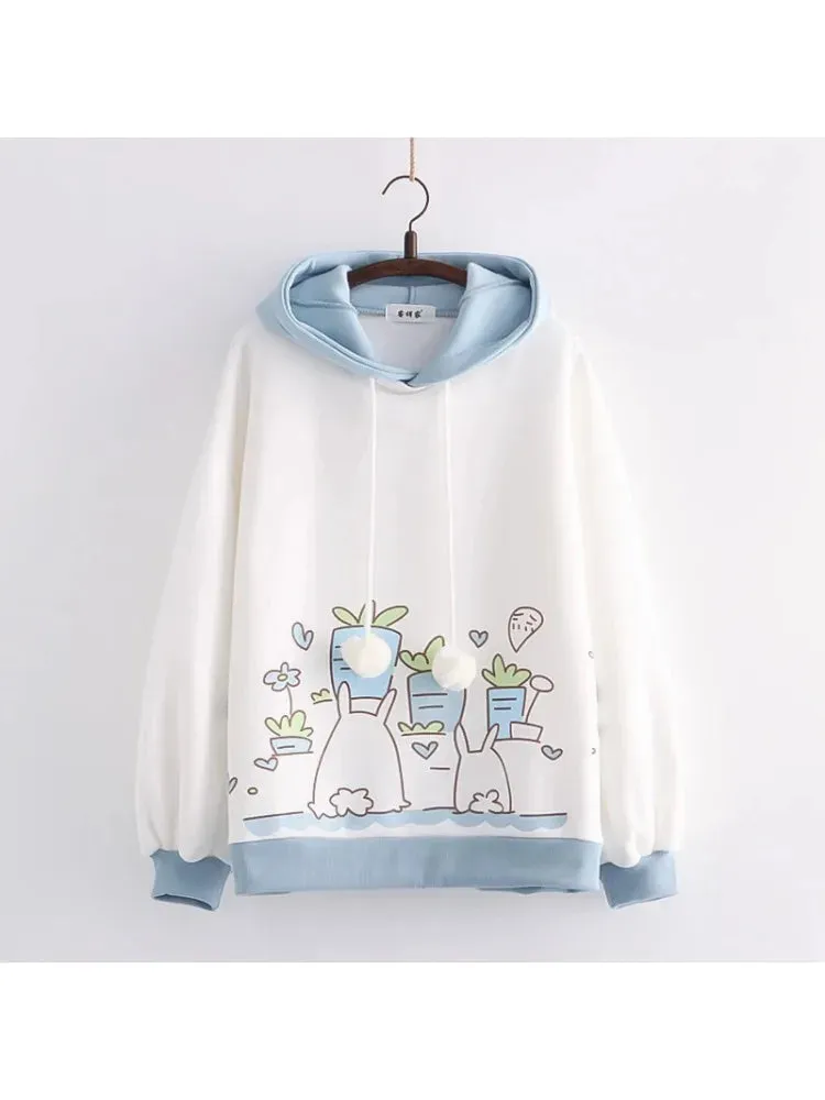 Metaversmall Kawaii Women Hoodies Winter Long Sleeve Drawstring Fleece Hooded Sweatshirt Female Harajuku Rabbit Print Pullover Top