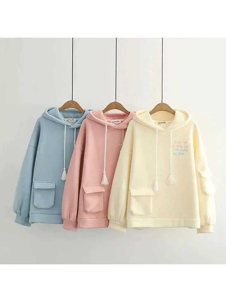 Metaversmall Solid Pink Letter Embroidery Fleece Thic Hoodies And Sweatshirts Winter Long Sleeve Pocket Hooded Pullover Sweet Tracksuits