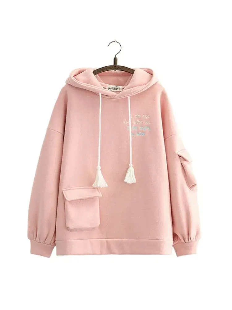 Metaversmall Solid Pink Letter Embroidery Fleece Thic Hoodies And Sweatshirts Winter Long Sleeve Pocket Hooded Pullover Sweet Tracksuits