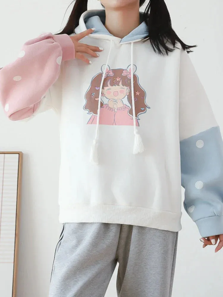 Metaversmall Sweet Style Kawaii Print Graphic Fleece Women Hoodies Winter Harajuku Cute Drawstring Hoody Sweatshirt Female Pullover Top