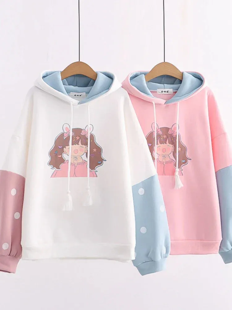 Metaversmall Sweet Style Kawaii Print Graphic Fleece Women Hoodies Winter Harajuku Cute Drawstring Hoody Sweatshirt Female Pullover Top