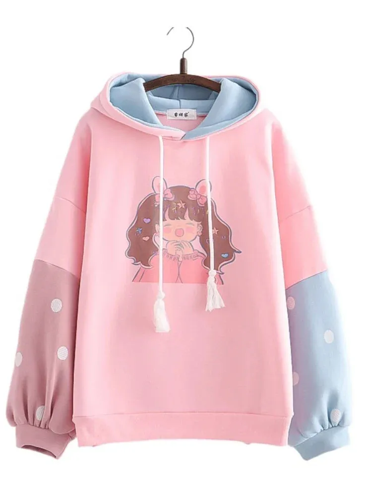 Metaversmall Sweet Style Kawaii Print Graphic Fleece Women Hoodies Winter Harajuku Cute Drawstring Hoody Sweatshirt Female Pullover Top