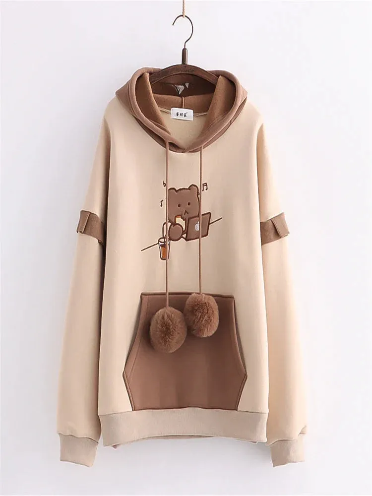 Metaversmall Sweet Style Kawaii Print Graphic Fleece Women Hoodies Winter Harajuku Cute Drawstring Hoody Sweatshirt Female Pullover Top