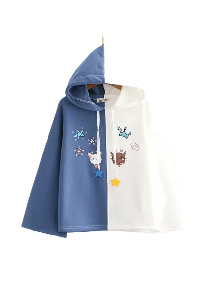 Metaversmall Winter Fashion Fleece Women Hoodies And Sweatshirts Sweet Style Cartoon Print Patchwork Long Sleeve Thick Hooded Pullover