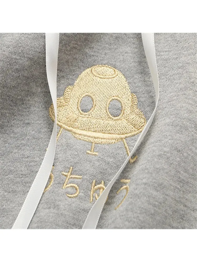 Metaversmall Winter Women Cartoon Embroidery Fleece Hoodies Sweatshirts Casual Flare Sleeve Tracksuits Female Hooded Pullover Warm Top