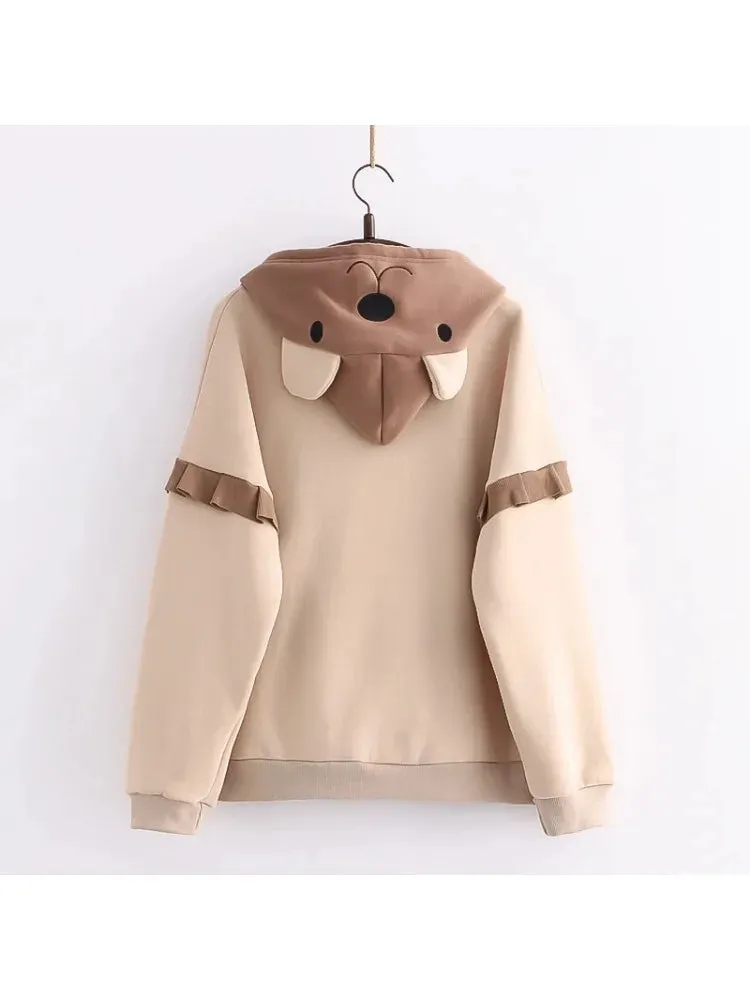 Metaversmall Women Cute Drawstring Bear Embroidery Fleece Hoodies Winter Korean Fashion Harajuku Hoody Sweatshirt Female Pullover Top