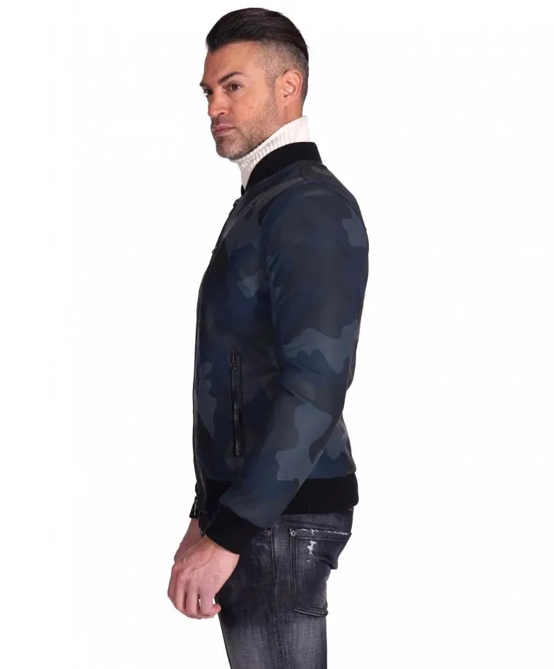 Military blue nappa lamb leather bomber jacket