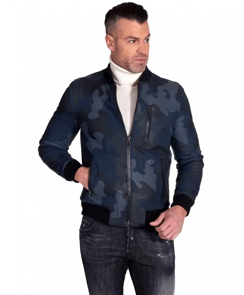 Military blue nappa lamb leather bomber jacket