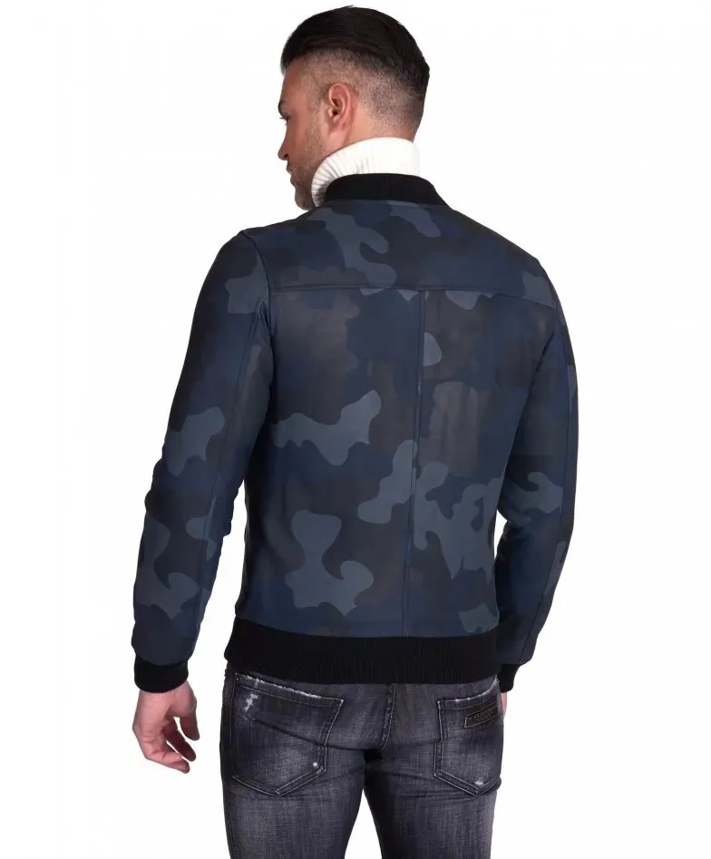 Military blue nappa lamb leather bomber jacket