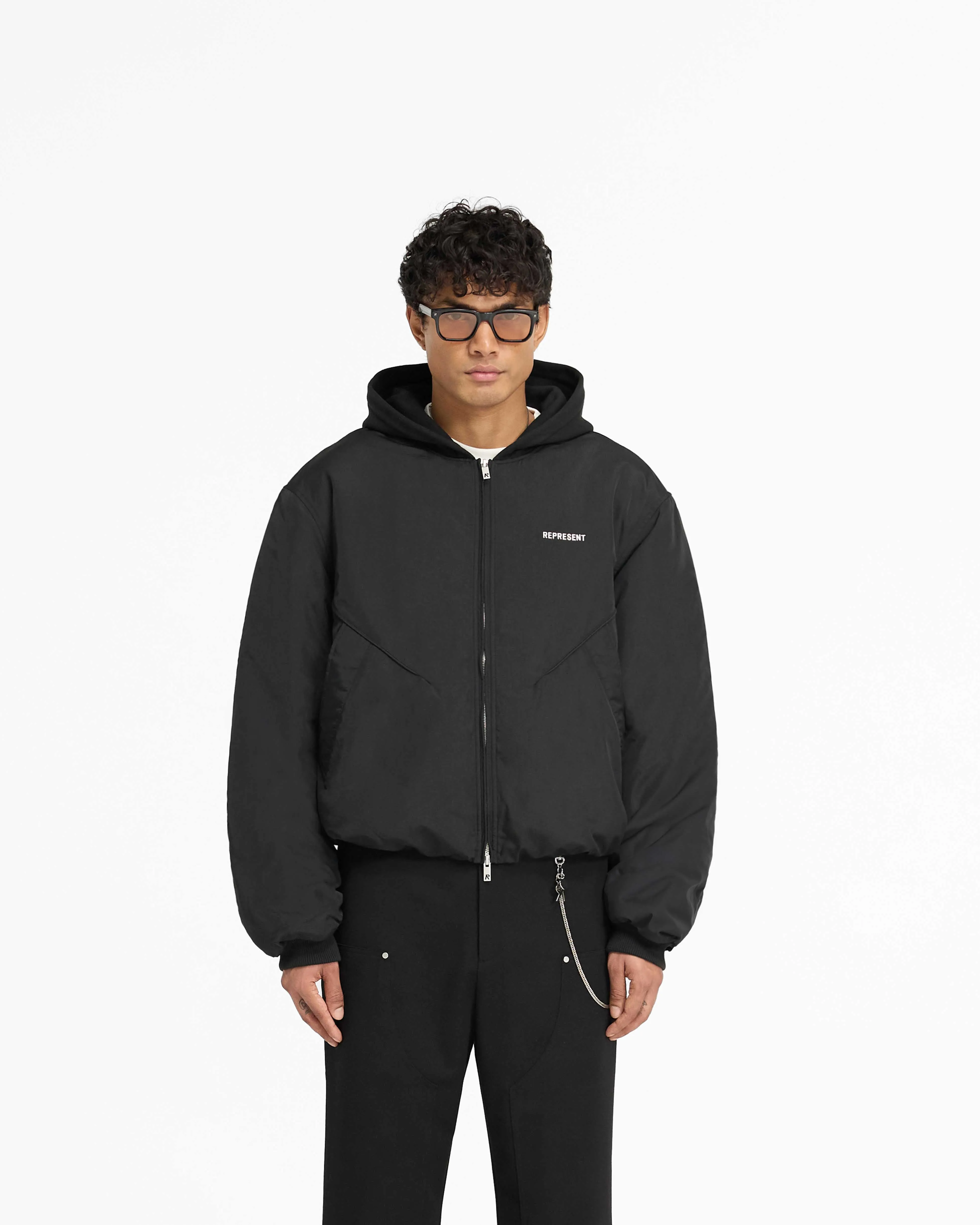 Nylon Hooded Bomber Jacket - Black