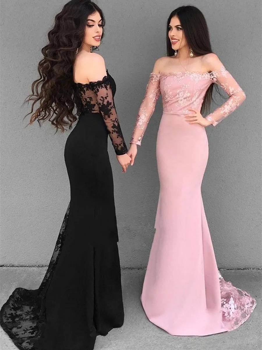 Off Shoulder Long Sleeves Mermaid Lace Black/Pink Prom, Lace Black Bridesmaid, Formal