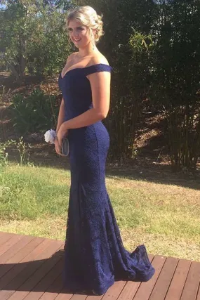 Off Shoulder Mermaid Navy Blue Lace Prom Dress, Mermaid Navy Blue Bridesmaid Dress, Navy Blue Lace Formal Dress A1370