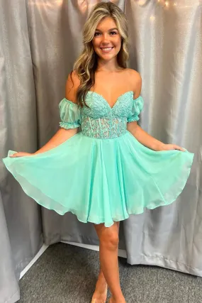 Off Shoulder Mint Green Lace Short Prom Dress, Off the Shoulder Green Homecoming Dress, Green Lace Formal Graduation Evening Dress A1951