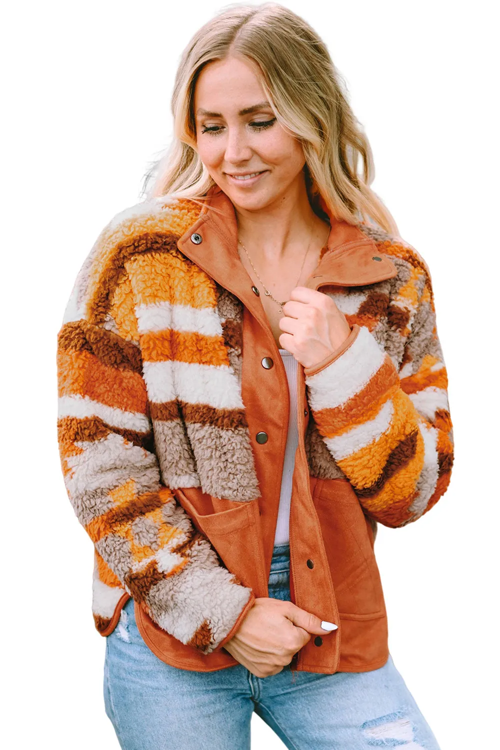 Online Brown Quilted Patch Pockets Aztec Furry Jacket