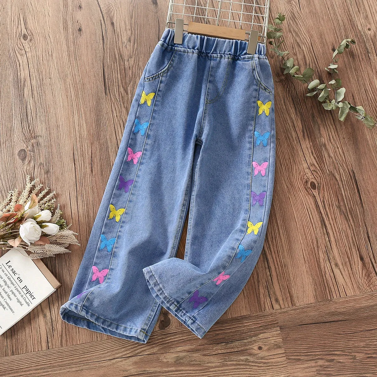 Pants for Girls Jeans Teenagers Children Clothing Butterfly Print Trousers Spring Autumn Baby Kids Clothes Jeans 6 8 10 12 14 Y