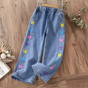 Pants for Girls Jeans Teenagers Children Clothing Butterfly Print Trousers Spring Autumn Baby Kids Clothes Jeans 6 8 10 12 14 Y