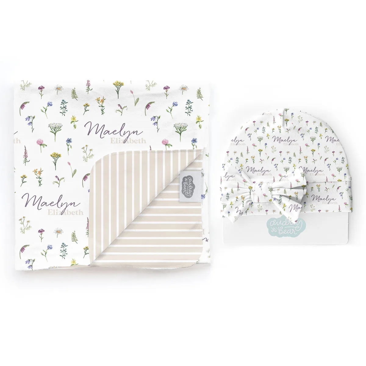 Personalized  Swaddle & Hat Set | Meadow Floral