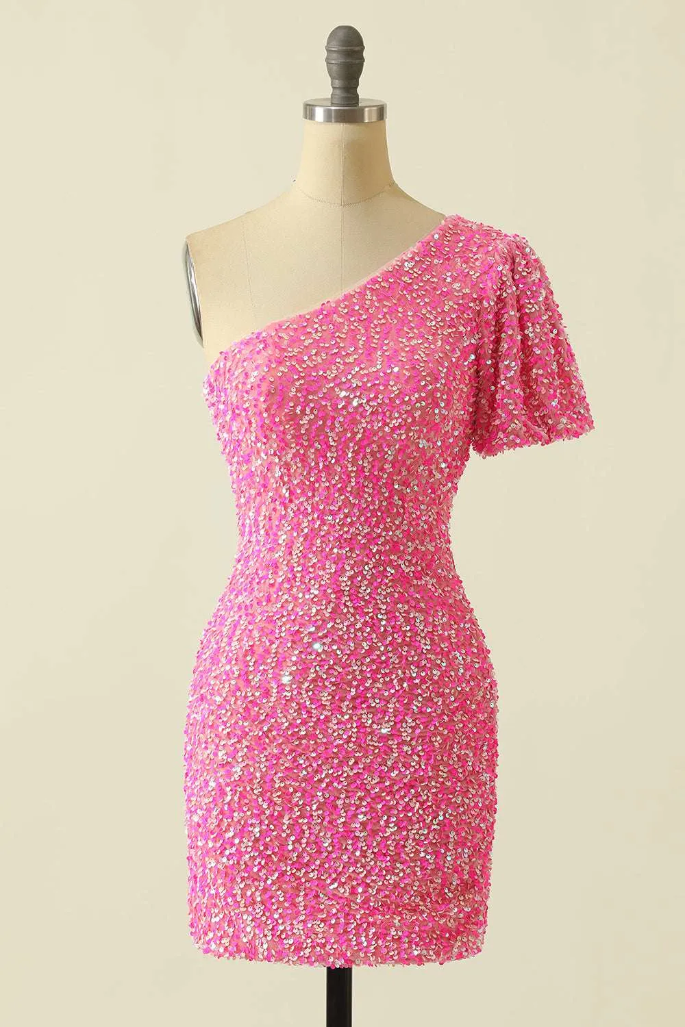 Pink Sequin One-Sleeve Bodycon Homecoming Dress