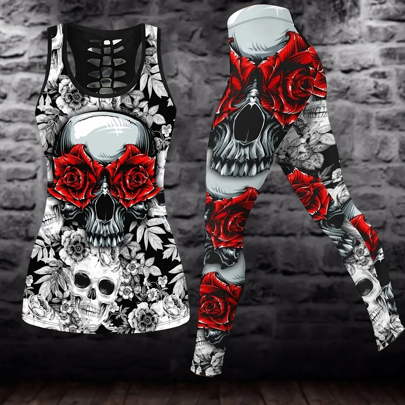 Plus Size Skull & Floral Print Two-Piece Set - Crew Neck Racerback Tank Top & Slim Pants Ensemble for Bold Women's Style