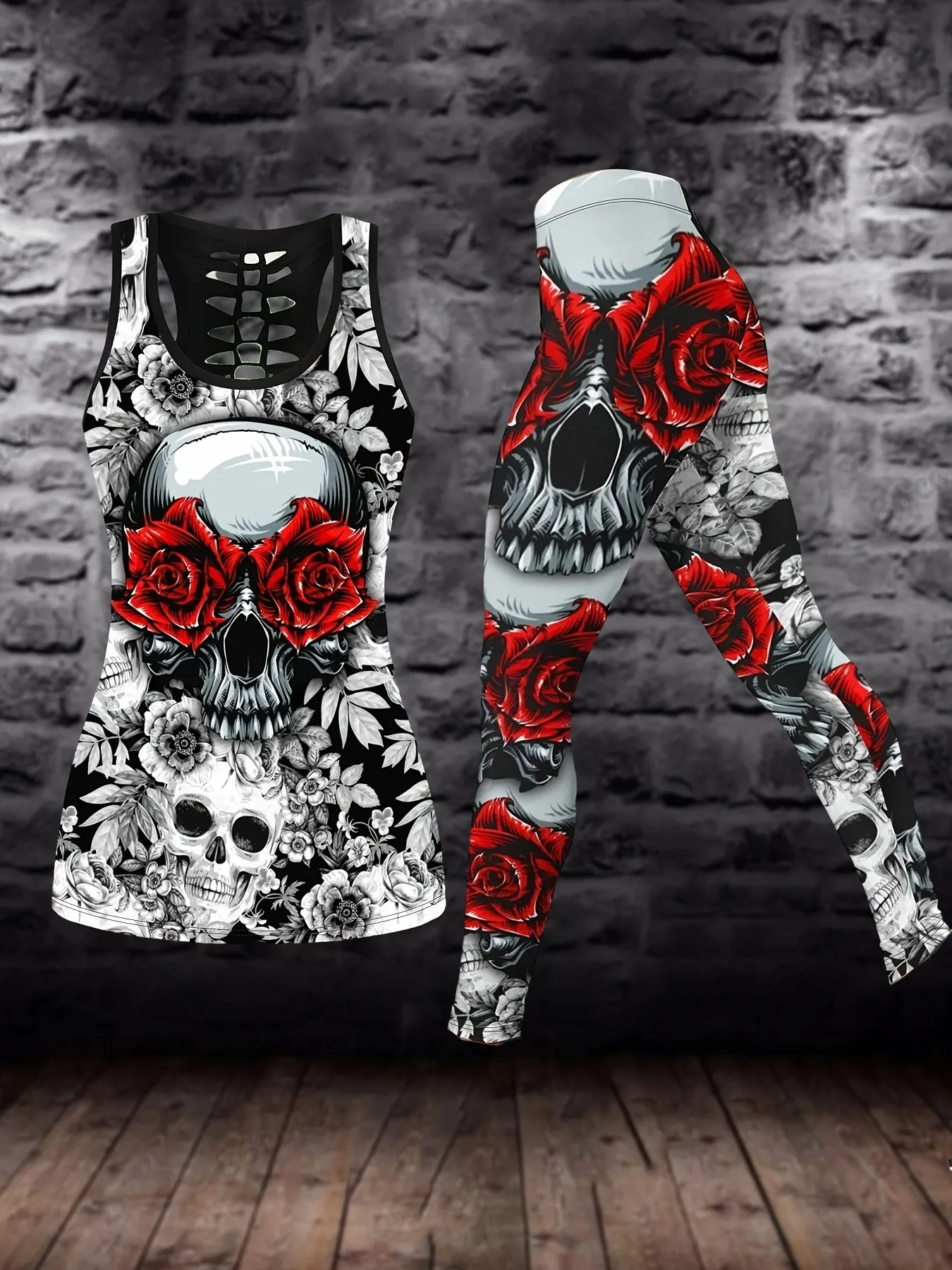 Plus Size Skull & Floral Print Two-Piece Set - Crew Neck Racerback Tank Top & Slim Pants Ensemble for Bold Women's Style