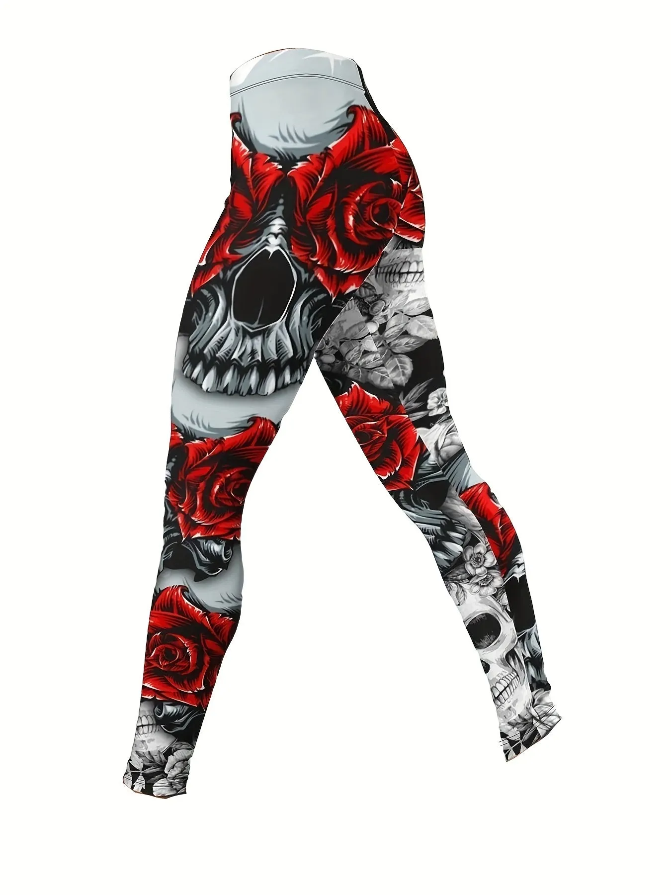 Plus Size Skull & Floral Print Two-Piece Set - Crew Neck Racerback Tank Top & Slim Pants Ensemble for Bold Women's Style