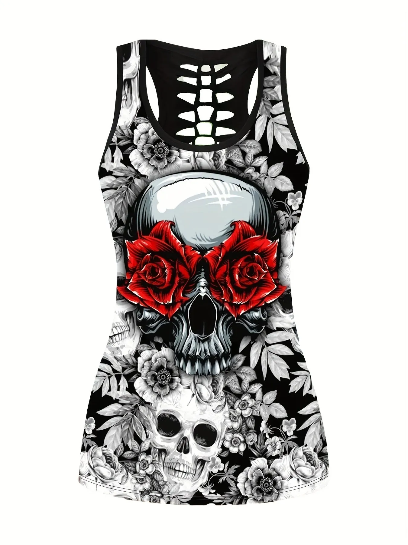 Plus Size Skull & Floral Print Two-Piece Set - Crew Neck Racerback Tank Top & Slim Pants Ensemble for Bold Women's Style