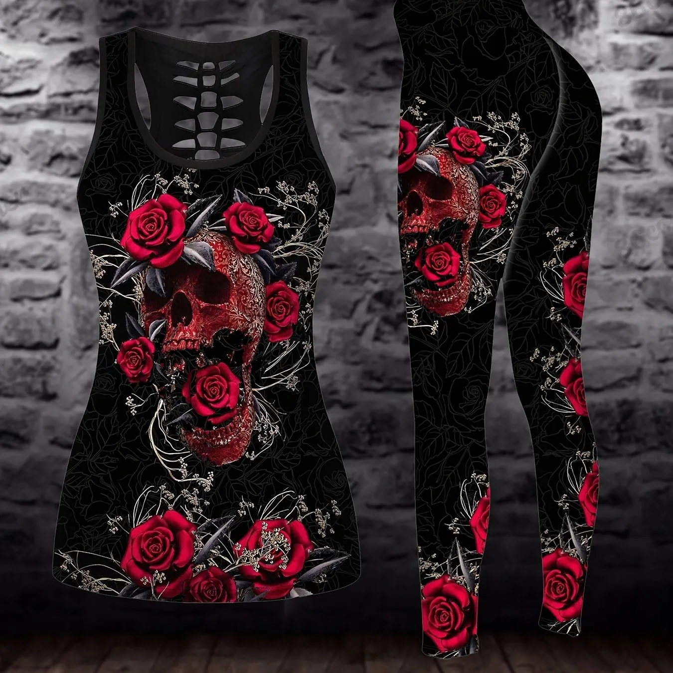 Plus Size Skull & Floral Print Two-Piece Set - Crew Neck Racerback Tank Top & Slim Pants Ensemble for Bold Women's Style