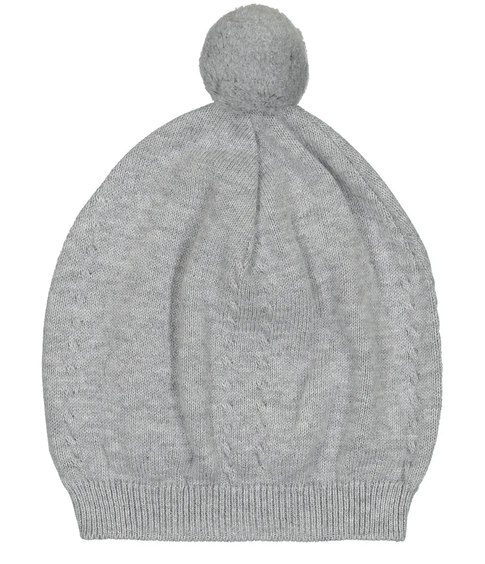 Pom Pom Cable Knit Hat - Grey