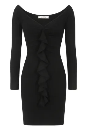 Precious Black Ruffle Ribbed Knitted Bodycon Long Sleeve Dress