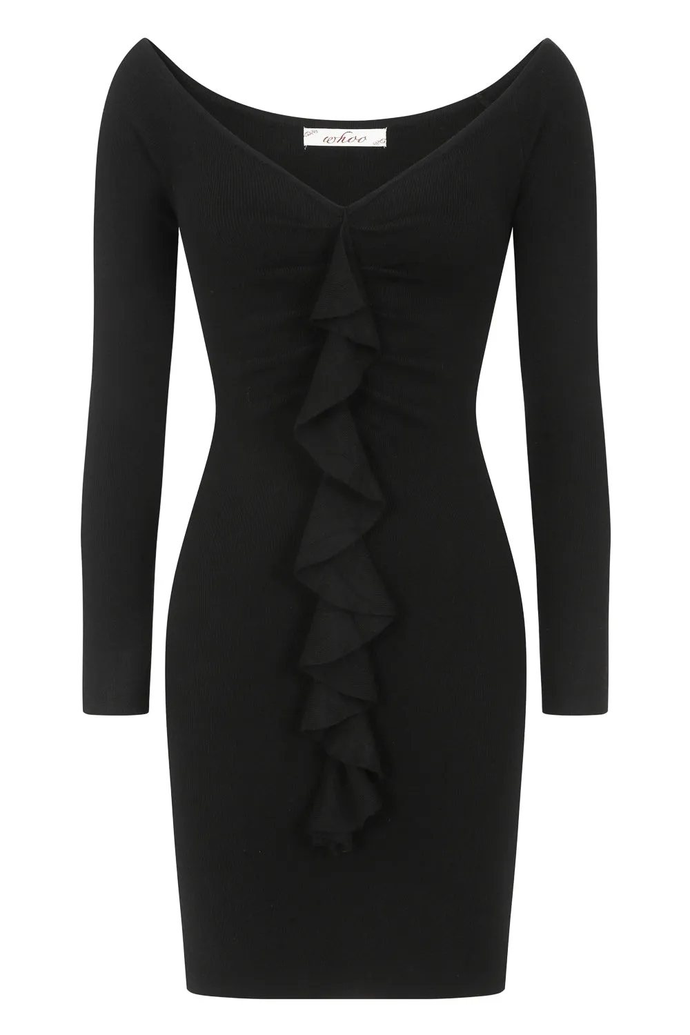 Precious Black Ruffle Ribbed Knitted Bodycon Long Sleeve Dress