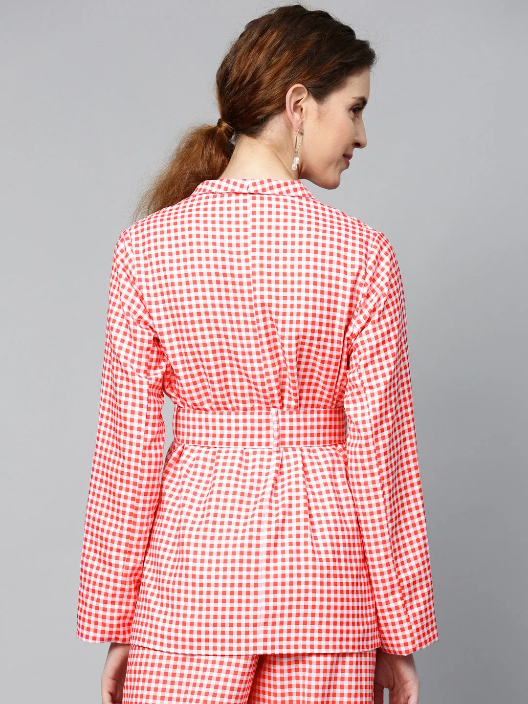 Red & White Check Belted Blazer