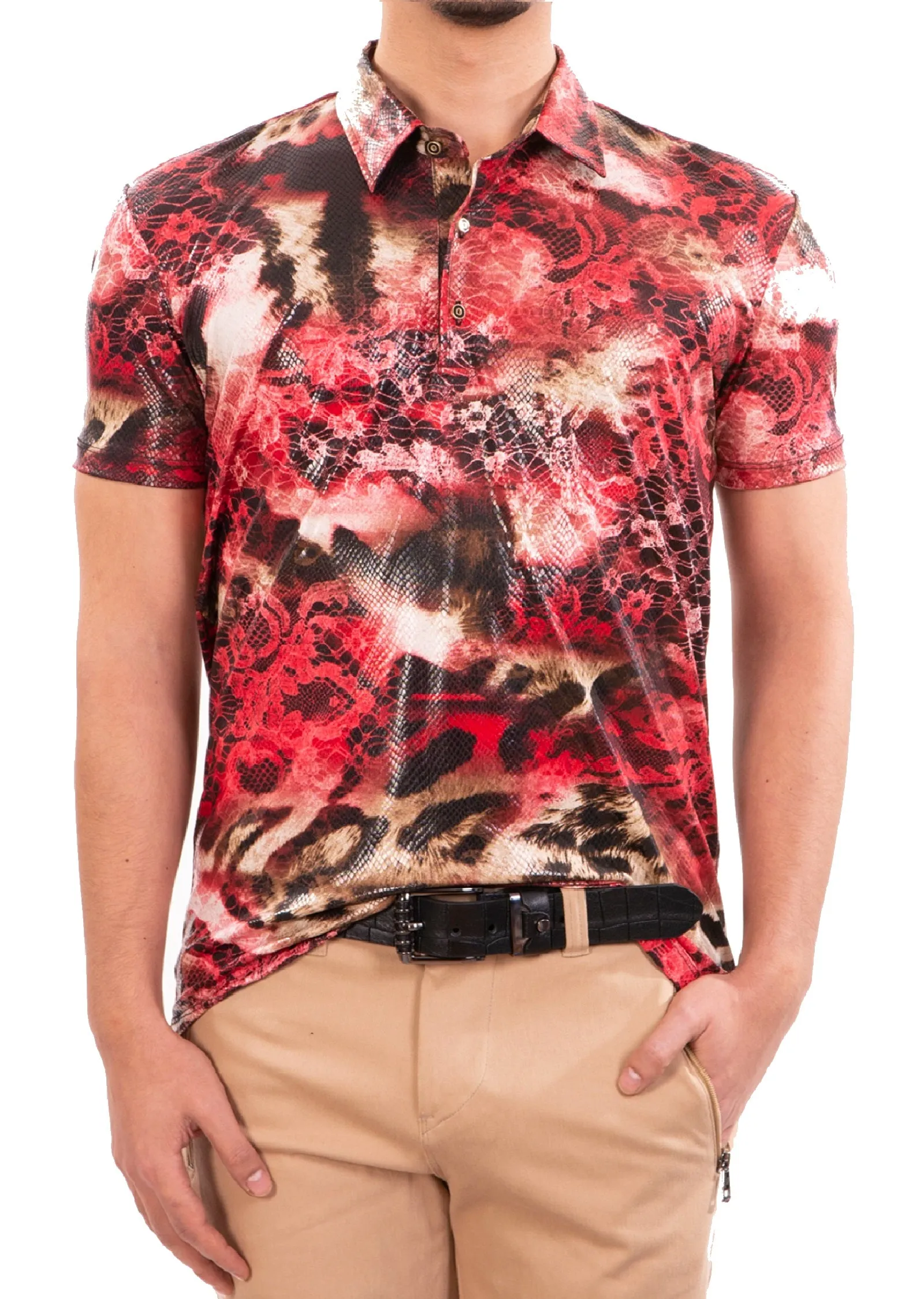 Red "Fire" Spandex Print Polo